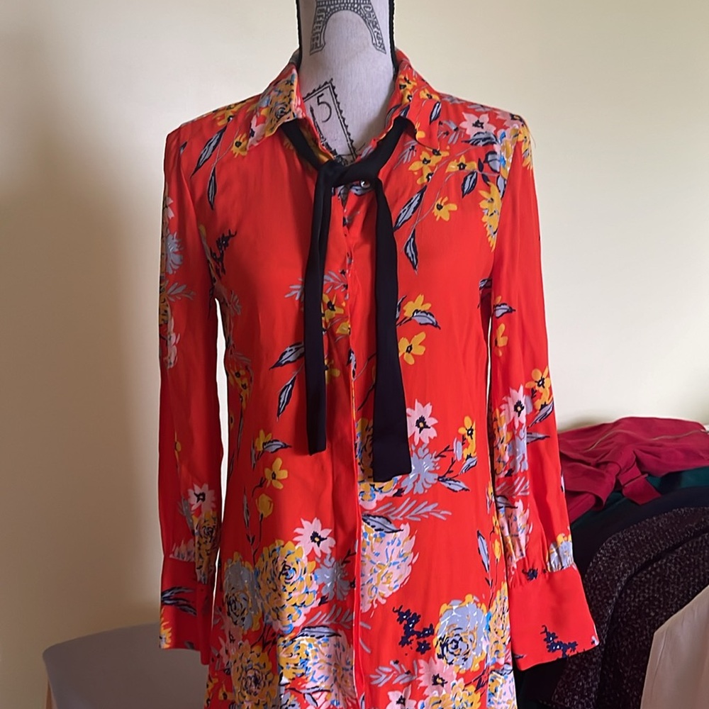 Zara Orange Floral Button-Up Dress with Embellished Cuffs, Size XS